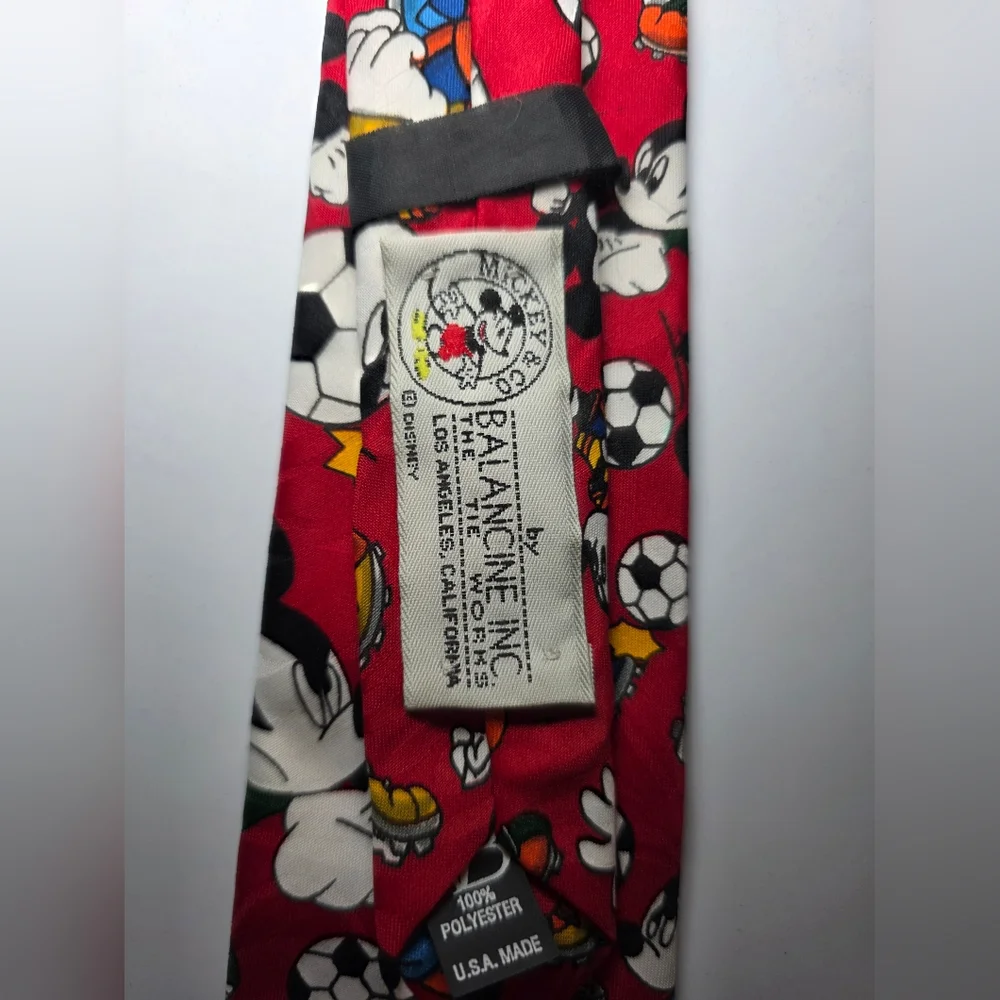 Disney Red Tie with Mickey Mouse and Sports Theme. Clip On.